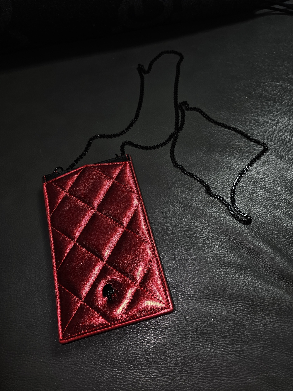 Red Metallic Quilted Crossbody Skull Phone Pouch On Chain
